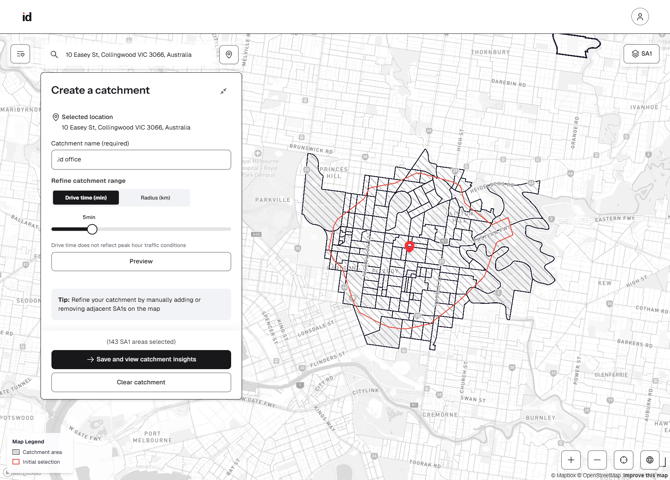 Screenshot showing the selected SA1 catchment area hatched inside the red initial selection boundary in Placemaker.