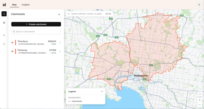 Screenshot showing the Catchments list in Placemaker with saved catchments.