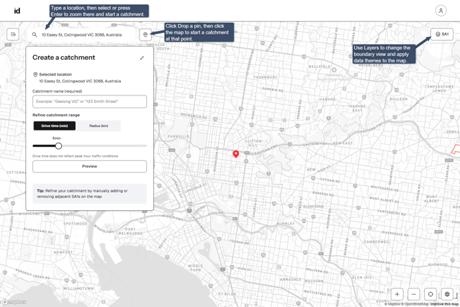 Screenshot showing the Create a catchment panel in Placemaker