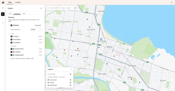 Screenshot showing the Locations tab with the Schools layer turned on in Placemaker.
