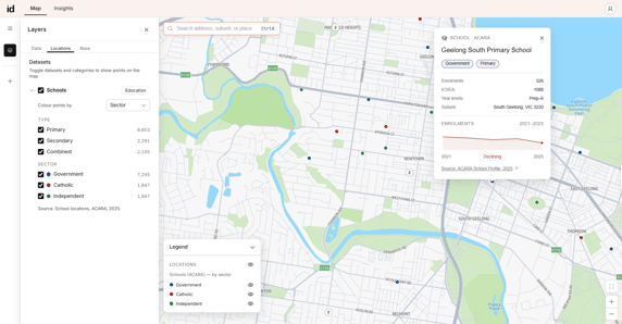 Screenshot showing the school details card open on the map in Placemaker.