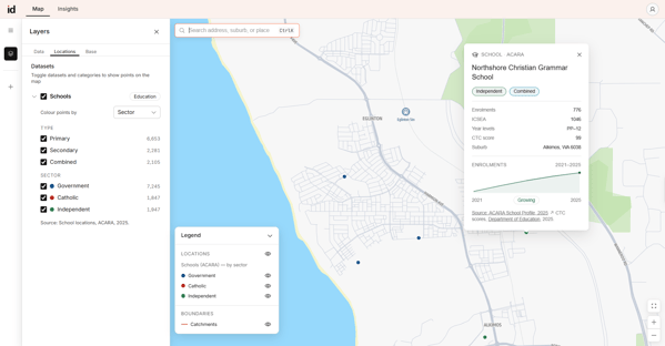 Screenshot showing the schools layer on the map in Placemaker.