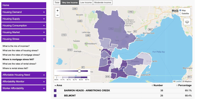 Alt text: 'Screenshot showing the mortgage stress map filtered to very low income households in Housing Monitor.'