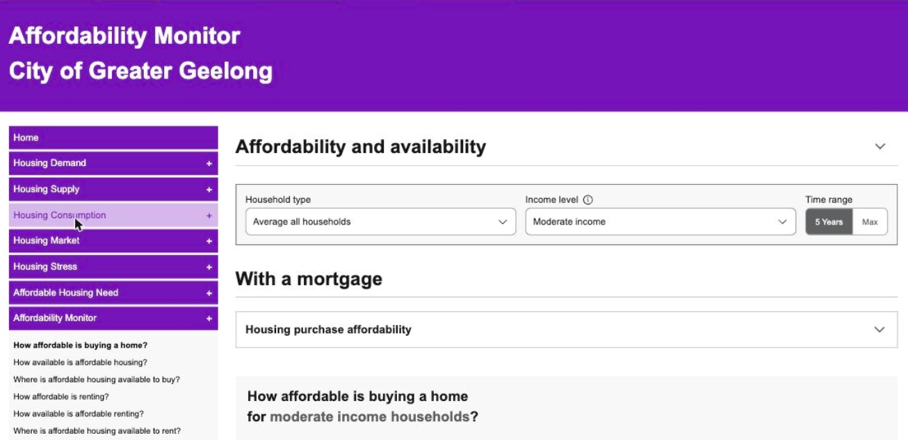 Screenshot showing the Household type, Income level and Time range controls in Housing Monitor