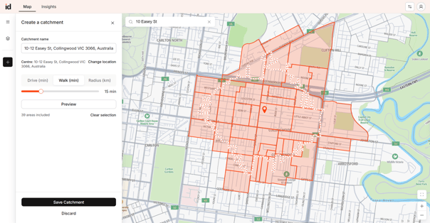 Screenshot showing the Walk (min) catchment method selected in Placemaker.