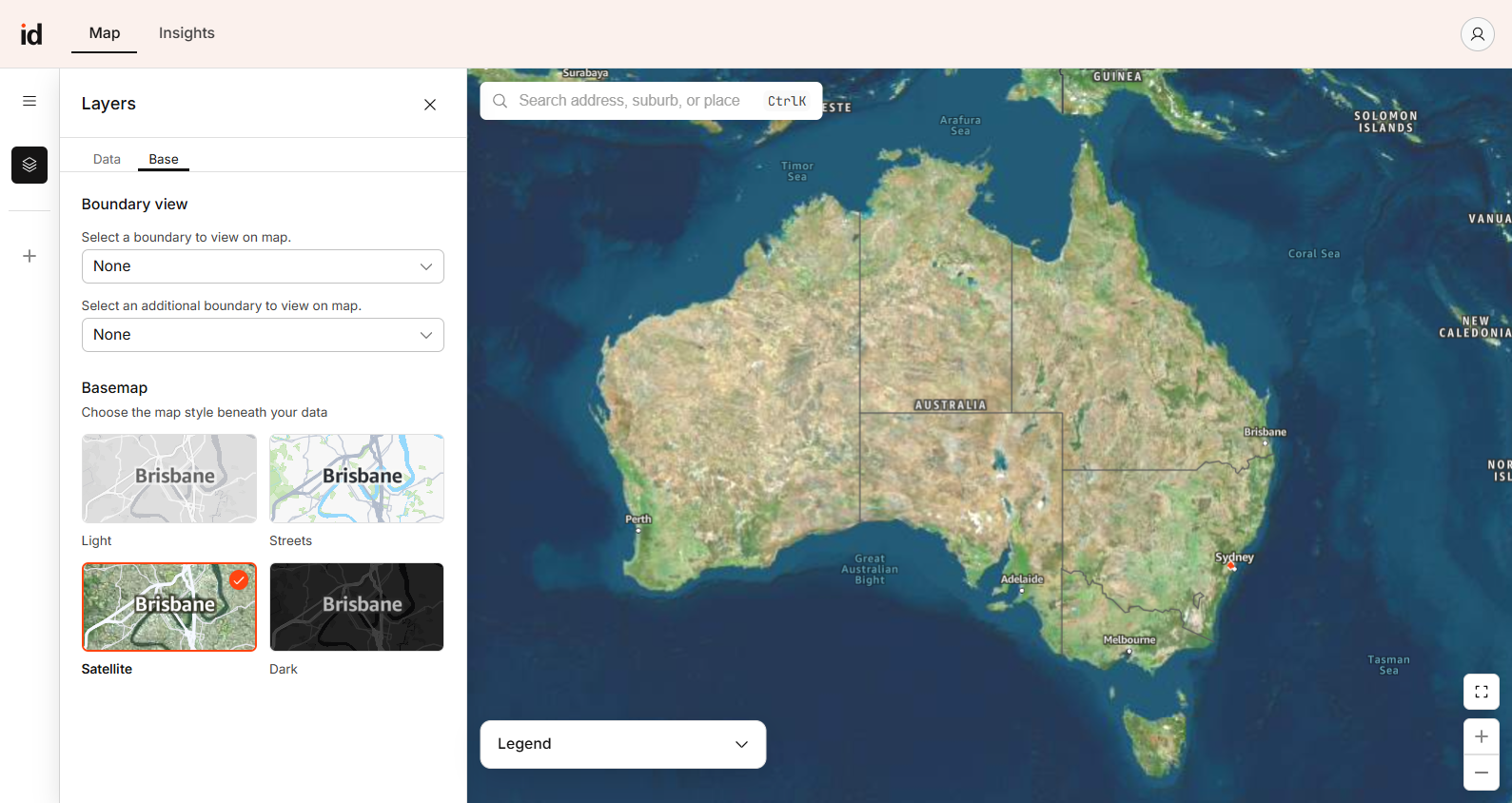 Screenshot showing the Base tab of the Layers panel in Placemaker with the four basemap styles.