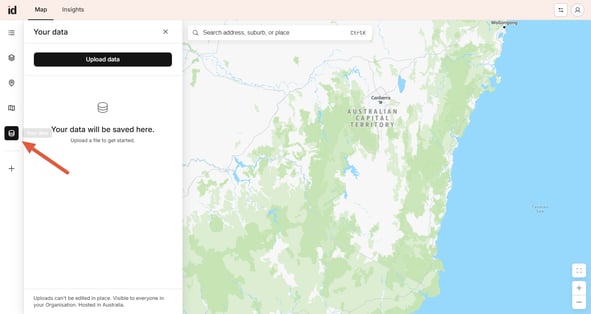 Screenshot showing the Your data panel and the Upload data button in Placemaker