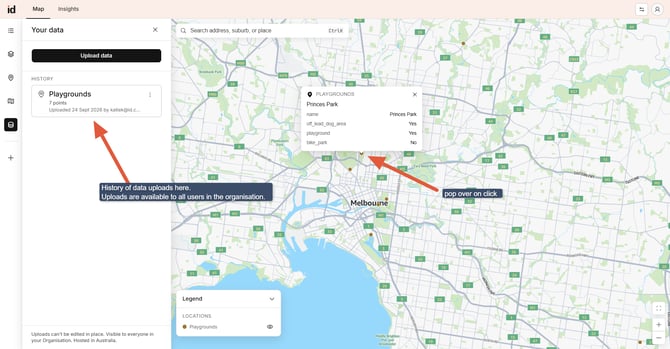 Screenshot showing an uploaded layer listed in the Your data panel and pop-over in Placemaker.