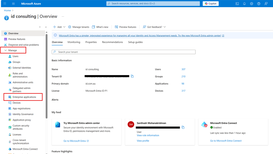 Screenshot showing the Manage menu in Azure Entra ID with Enterprise applications highlighted.