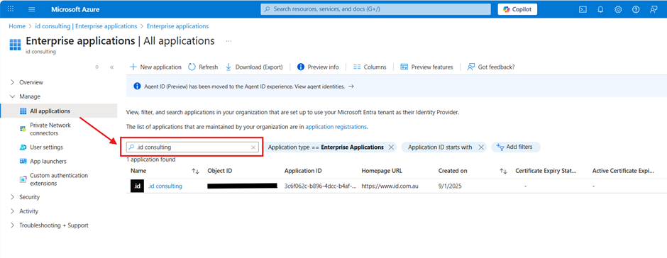 Screenshot showing the Enterprise applications search returning the .id consulting application.