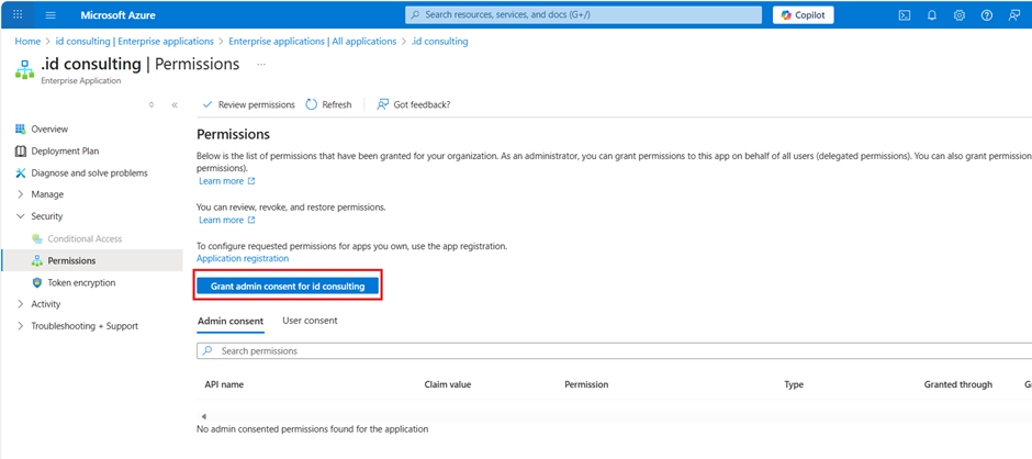 Screenshot showing the .id consulting Permissions page with the Grant admin consent button highlighted.
