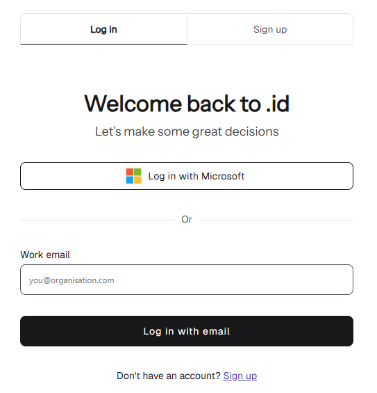 Screenshot showing the .id login form with Log in with Microsoft and Log in with email options.
