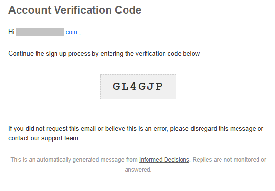 Screenshot of the account verification code email sent during sign-up.